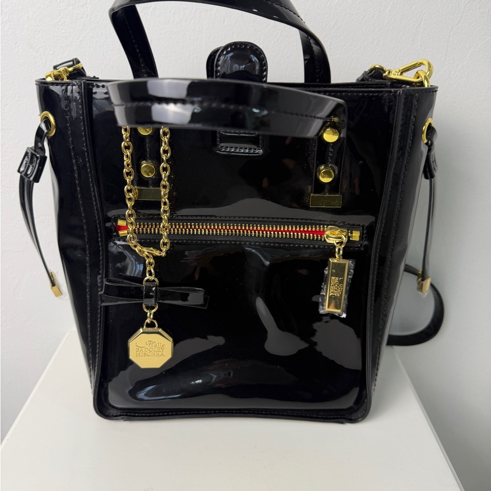 Belle Badgley Mischka Black Patent Leather Satchel Tote Women’s Purse Bag